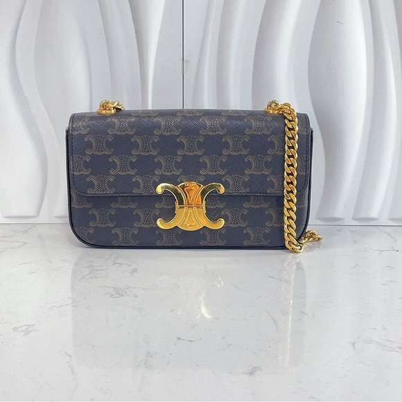 Celine Handbags - CELINE Triomphe Monogram Canvas Calfskin Leather Shoulder Bag